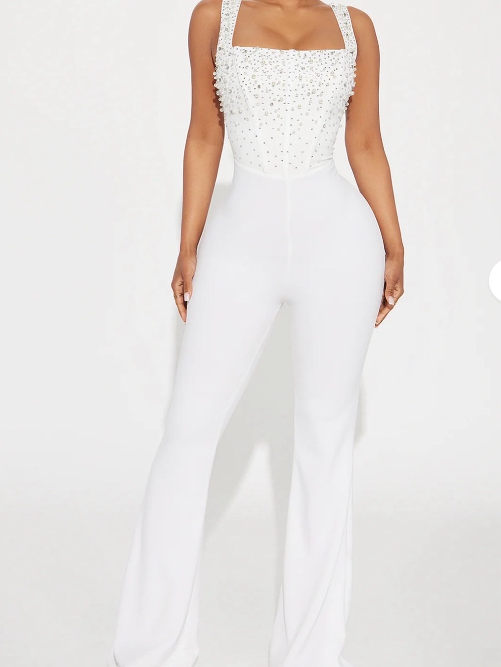 Fashion Nova White Embellished Wide-Leg Jumpsuit